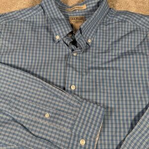 LL Bean Mens Long Sleeve Button Up Shirt XL Tall Blue Checkered Cotton
